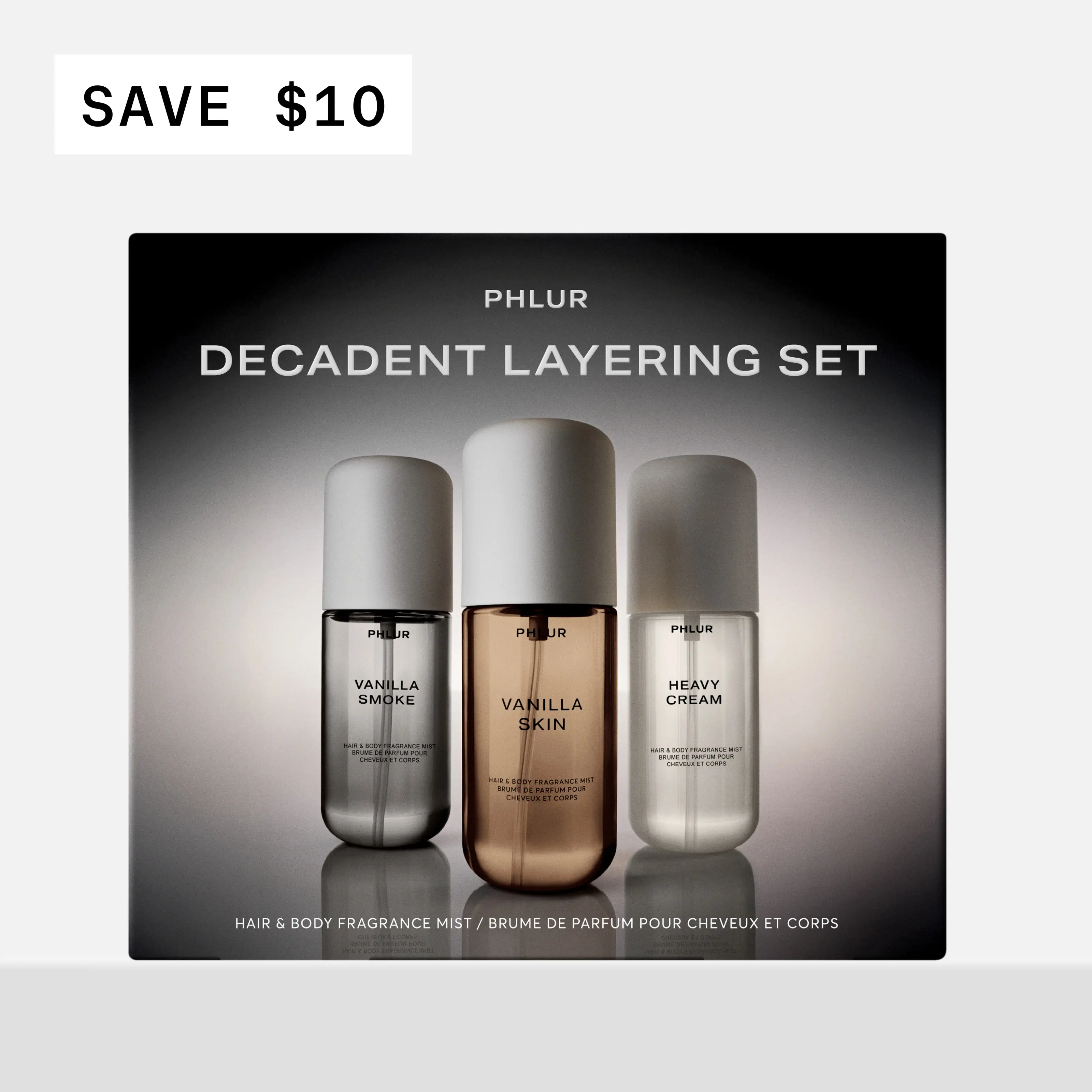 PHLUR Decadent Layering Trio - Vanilla Smoke, Vanilla Skin & Heavy Cream Body Mist Set