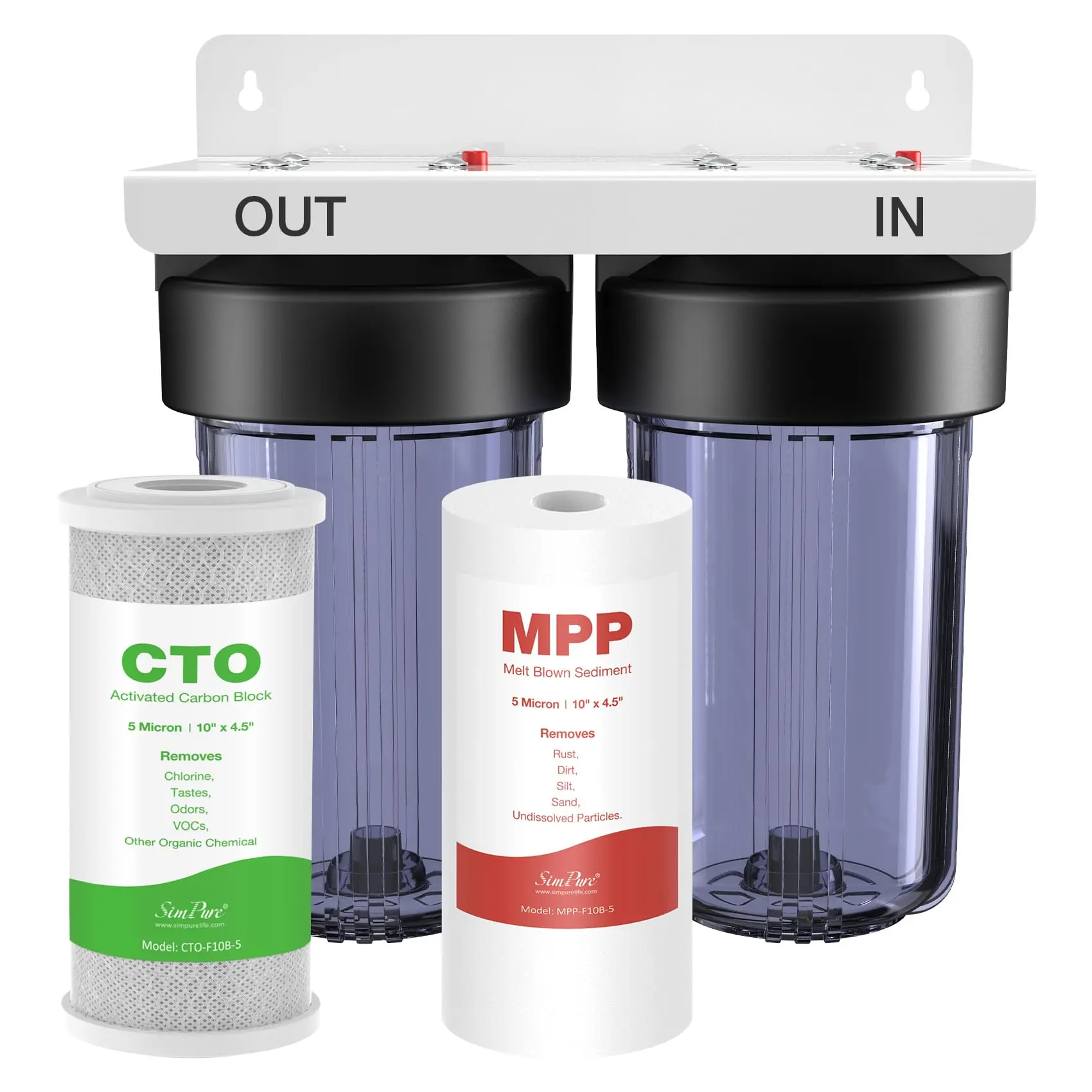 SimPure Whole House Water Filter System, 2-Stage Dual Stage Filtration with Carbon and Sediment Filters, 1" NPT Brass Port (DB10C-2)