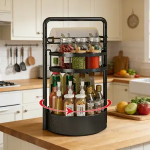 Rotating Spice Rack Organizer for Kitchen Countertop, 2 Tier Lazy Susan with Paper Towel Holder, Height Adjustable Metal Seasoning Rack with Smooth 360 Degree Turntable for Cabinet, Pantry, Dining Table, RV and Small Kitchen Storage