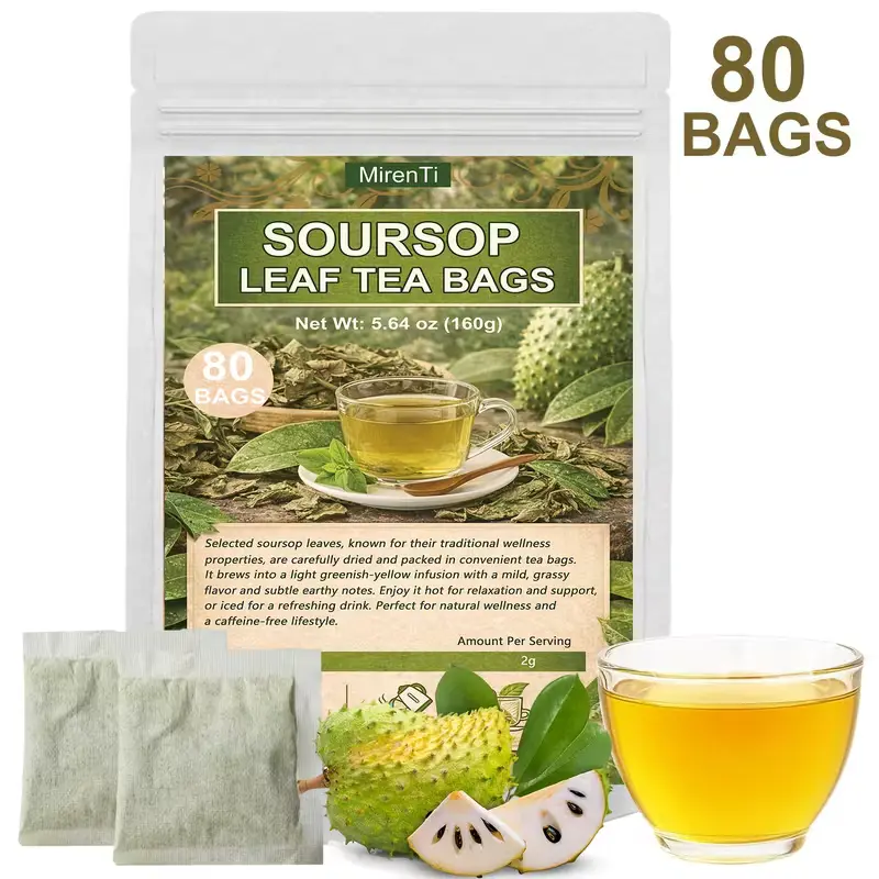 Soursop Leaf Tea Bags, 80/160 Bags Graviola Herbal Tea, Caffeine Free Daily Wellness Beverage, Naturally Sugar Free for Herbal Tea Lovers