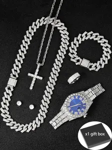 7 Piece Set Complete Accessories Set Quartz Watch Necklace Bracelet Cross Pendant Ring Magnetic Stud Earrings Hip Hop Style Unisex Party Gift Box