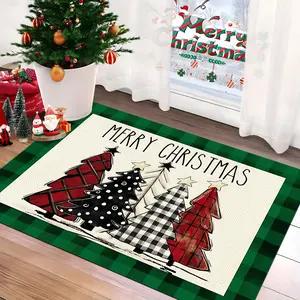 Christmas Decoration, Green Plaid Border with Christmas Tree and Letter Pattern, Extra Large Doormat - Machine Washable, Suitable for Living Room, Bedroom, Kitchen, Office, Indoor & Outdoor Entryway Mat, Home Decor
