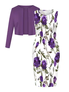 Women's Plain Open Front Crop Long Sleeve Outwear & Floral Print Casual Fashionable Dress Two-piece Set, Elegant Chic Fashion Casual Two Piece Outfits for Daily Outdoor Wear, Women Clothing for Spring & Fall, Womenswear, Casual Chic Fitted