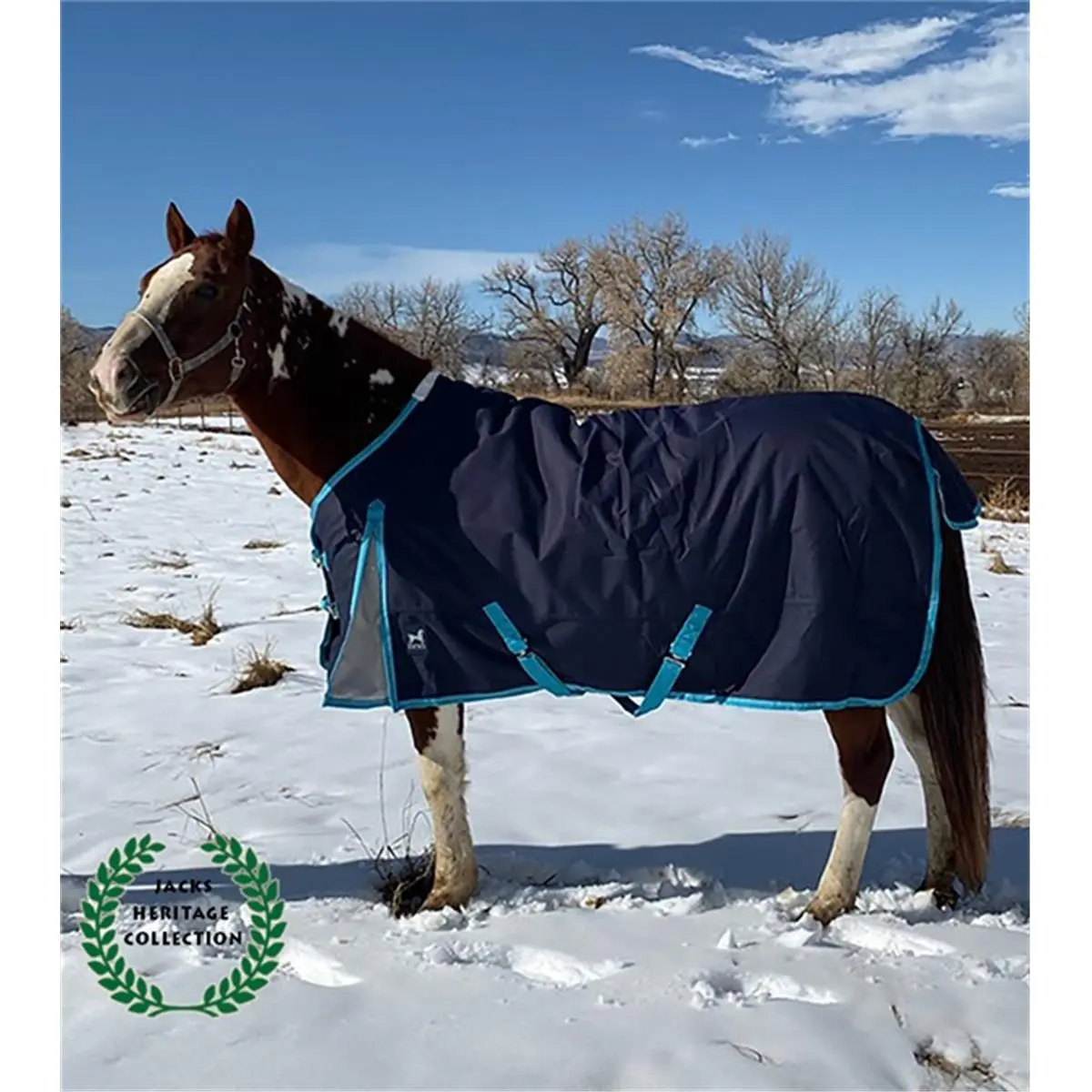 Jacks 4300-NV-82 Kratos 82 in. Turnout Blanket, 1200 Denier Durable Thermal Waterproof Equestrian Horsewear, 260 gm Fleece Lining, Adjustable Breathable Navy Polyester Standard Horse Blanket, Moisture-Proof Horseback Equipment