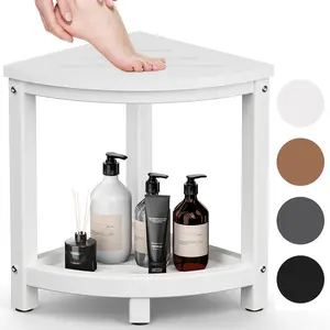 Shower Stool Corner Shower Bench Seat for Inside Shower, HDPE Waterproof Shower Seat with Baffle Storage Shelf for Shaving Legs, Foot Rest for Bathroom, Indoor Outdoor Use, White