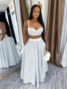 Women's Summer Fashion Striped Lace Patchwork Fitted Crop Top & High Waist Skirt Set, Sexy Two-Piece for Casual Wear