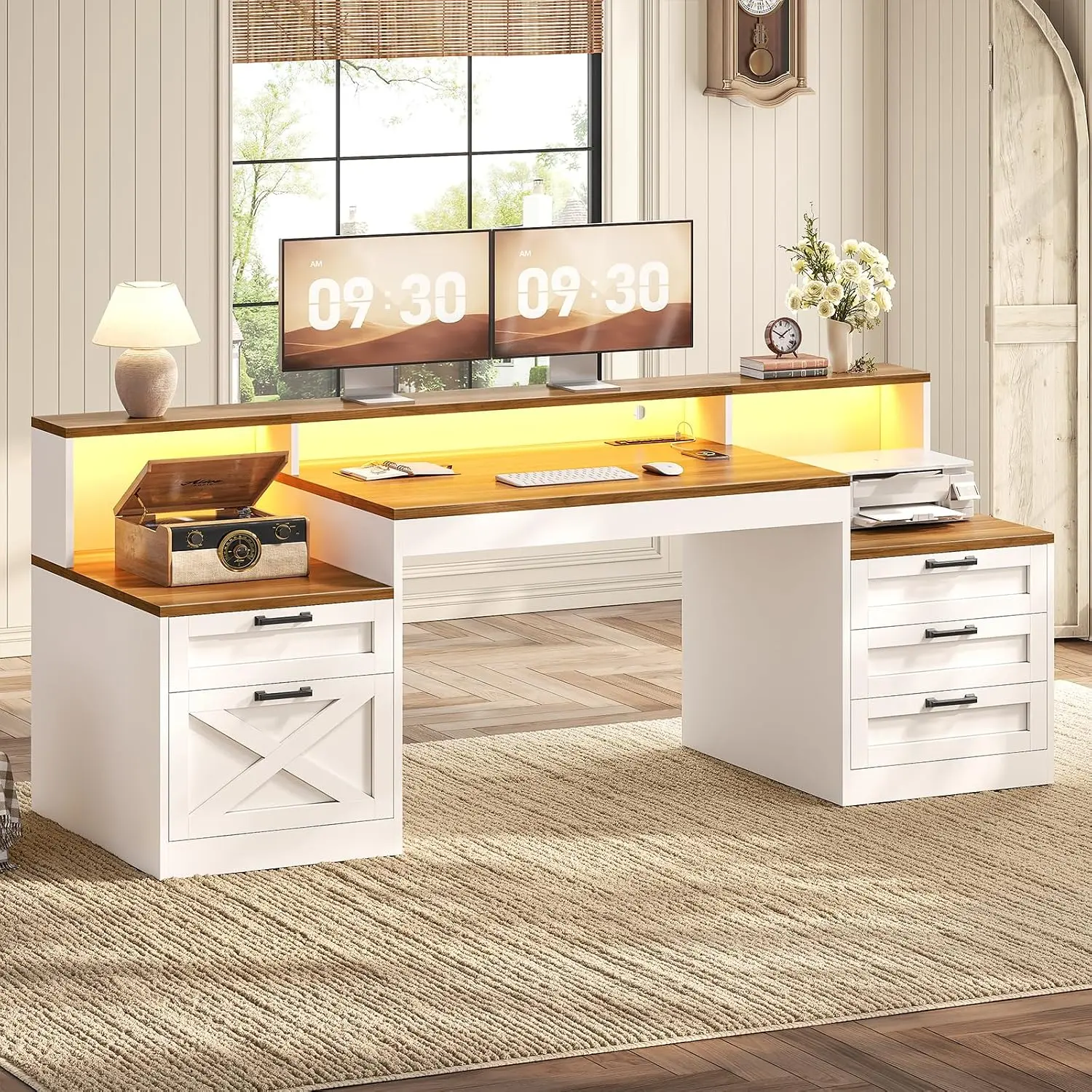 SEDETA 63 Inch Farmhouse Office Desk with 5 Drawers Executive Computer Desk with LED Lights Monitor Stand Wood Home Office Desk with 2 Printer Stand Power Outlet SEDETA 63 Inch Farmhouse Office Desk with 5 Drawers Executive Computer Desk with LED Lights Monitor Stand Wood Home Office Desk with 2 Printer Stand Power Outlet