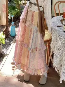 Women's Ethnic Bohemian Style Boho Patchwork Print Skirt Set, Long Loose-Fitting Half Skirt, Spring & Fall Holiday, Casual Travel Clothing