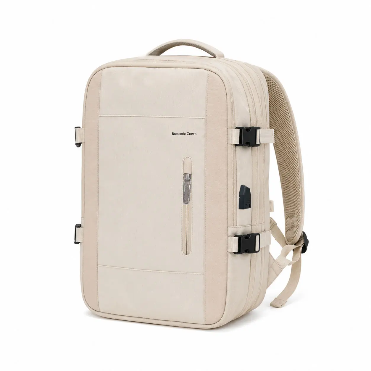 Romantic Crown Expandable Travel Backpack, Carry On Backpack, 15.6 Inch Laptop Compatible, External USB Charging Port, Airplane Approved, 22L, Water Resistant, Side Zip Expandable, Trolley Sleeve, for Men Women, Beige, Business Work Travel,backtoschool