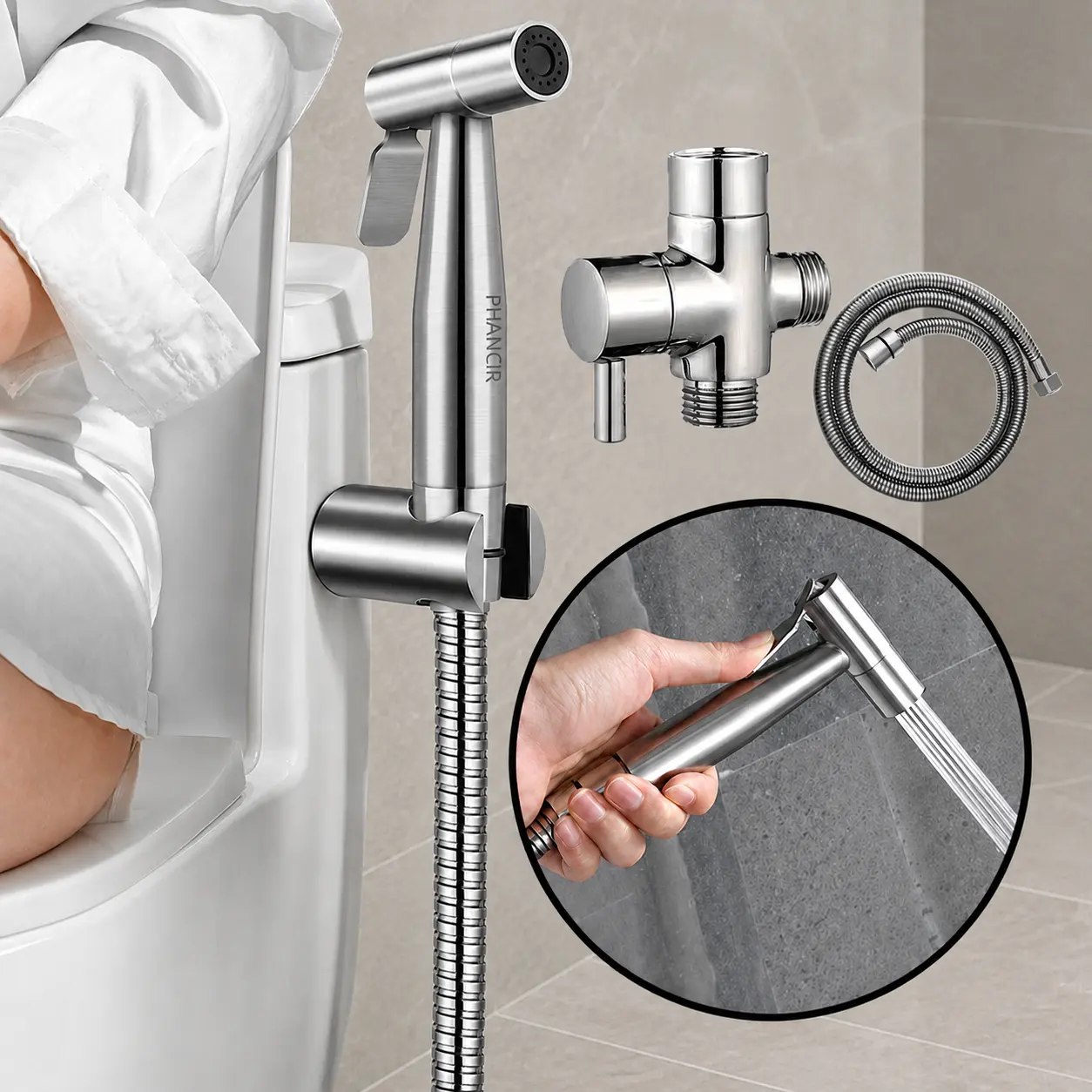 PHANCIR Handheld Bidet Sprayer for Toilet, Brushed Nickel Bidet Attachment for Feminine Wash