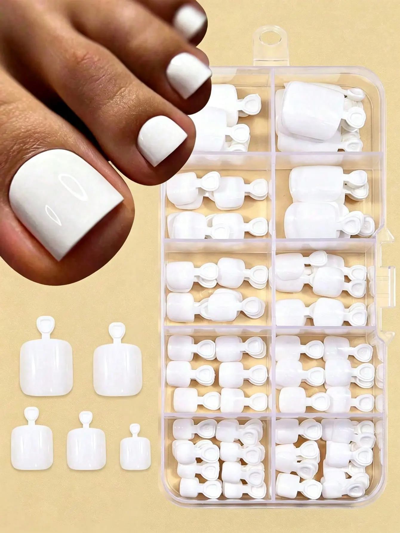 Glossy Short Square White Full Cover Press On Toenail Tips, 120Pcs 6-Size Natural Solid ABS Multi-Pack for Nail Lovers’ Easy Nail Art, Salon & Party Use, Press On Nails