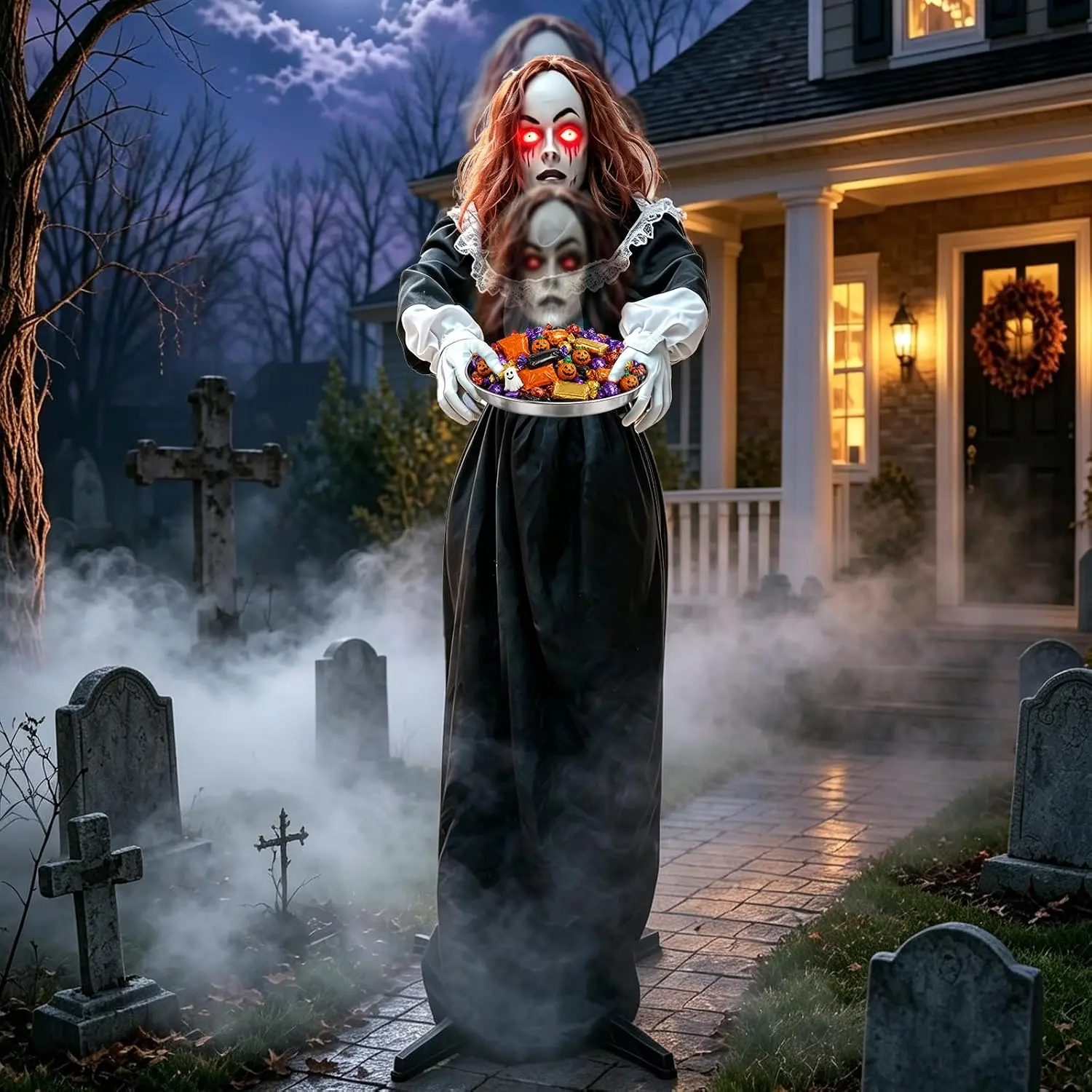 64 Inch Halloween Animatronic Standing Life Size Head-Dropping Ghost Maid | Sound Activated Scary Prop with Candy Tray, LED Red Eyes & Spooky Sound for Haunted House Halloween Decor Yard Outdoor Indoor