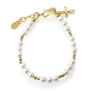 14K Gold Plated Pearl Baptism Cross Bracelet for Infant Newborn Baby Girl Gift