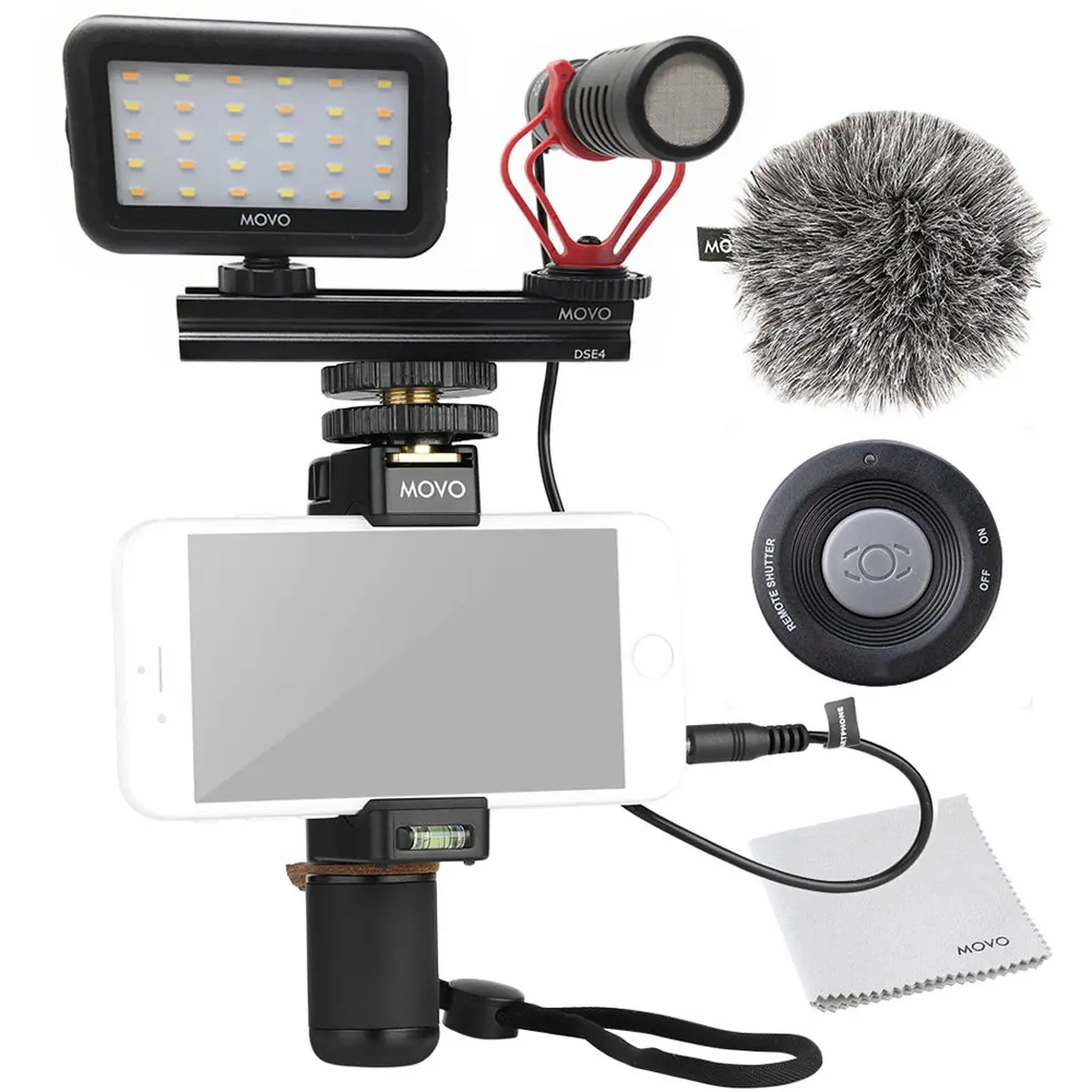 Movo Photo V1 Handheld Adjustable Handle Camera Accessories Kit with PR-1 Smartphone Rig, VXR10 Mini Shotgun Microphone, LED Light, Phone Mount, Compact Tripod, Sun