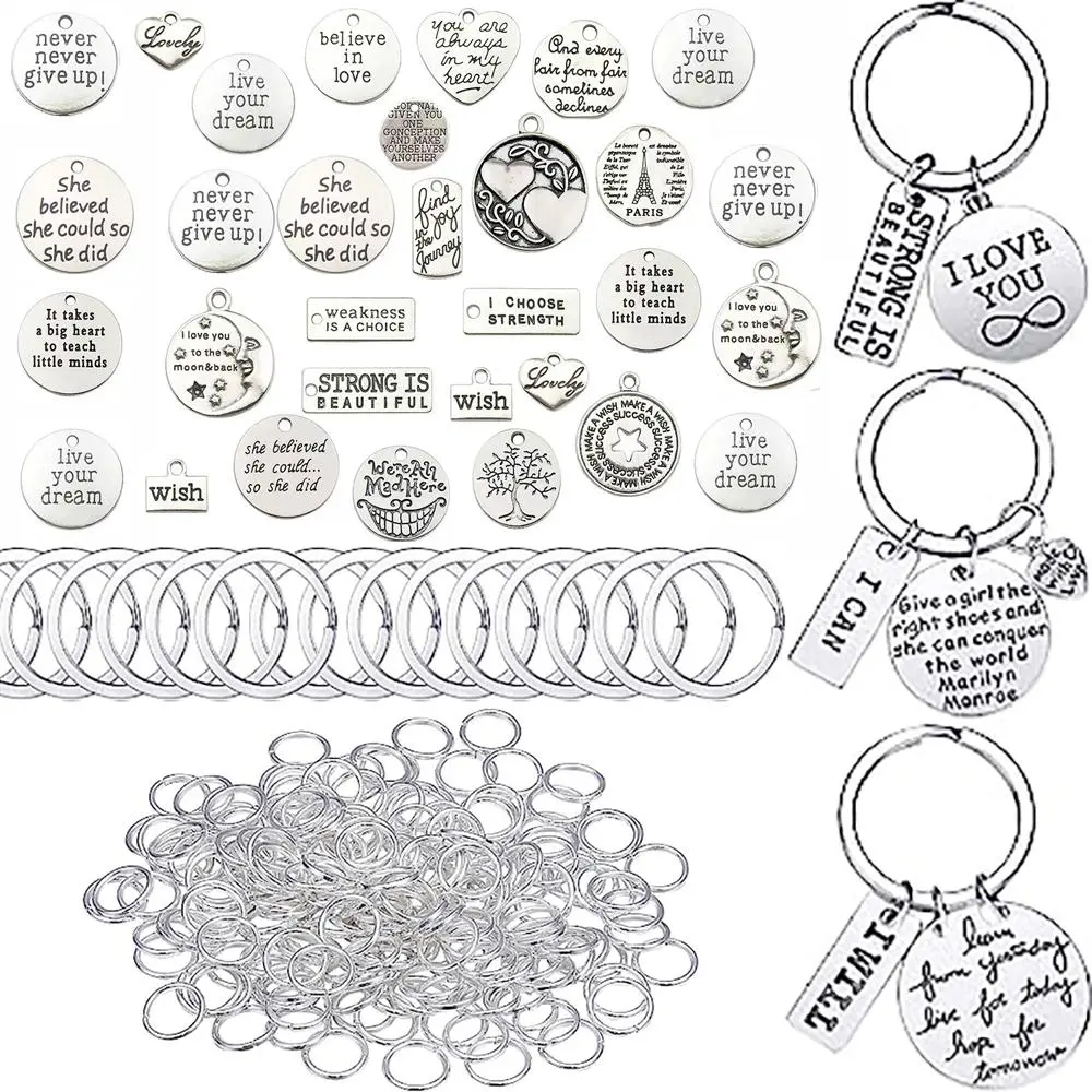 DIY Keyring Accessories, 100pcs/set Inspirational Keychain Kit, Including 20pcs Pendant & 20pcs Keyring & 60pcs Jump Circle, Art Crafts Keychain Supplies, Key Rings For Crafts, Alloy Keychain, Handmade Keychain, Keychain Charms