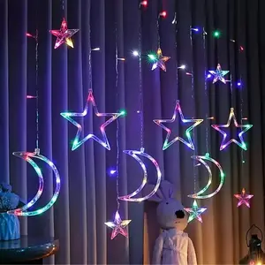 LED Star & Moon Design Curtain String Light, 1 Set with Remote Control & LED String Light, Decorative Light for Home, Party, Wedding, Festival
