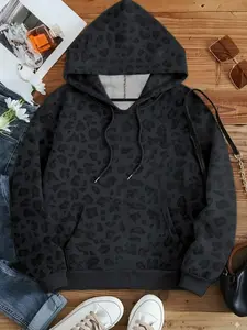 Women's Hooded Sweatshirt, Fashion Street Style, Casual Vintage Leopard Print, Youthful Holiday Wear, Simple Campus Design