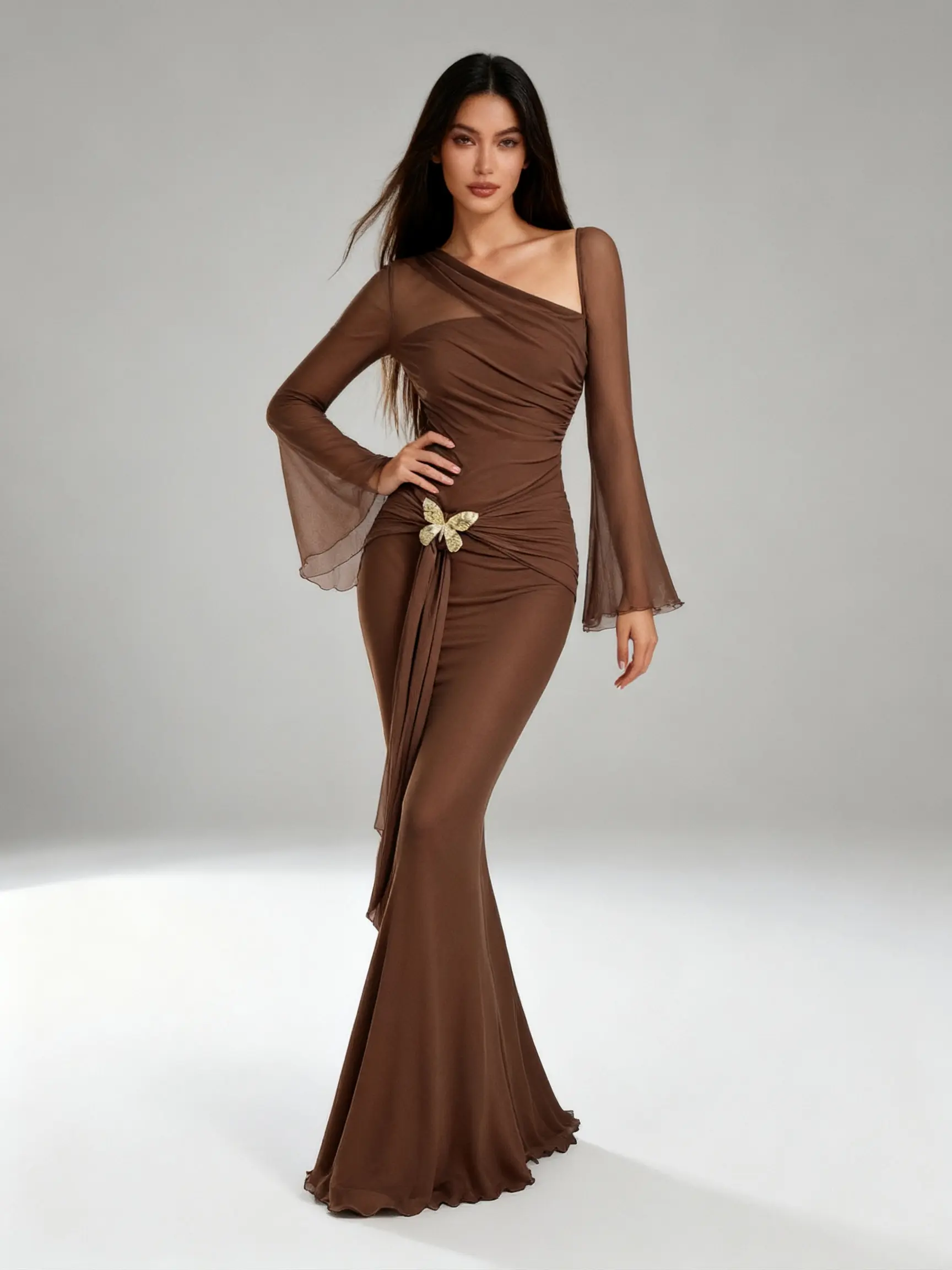 Asymmetric Shoulder Flare Sleeve Brown Bow Metal Buckle Mermaid Dress, Fall  Winter Dress, Western Wear Women, Country Concert Outfit, Old Money Style Women, Dresses For Women Party