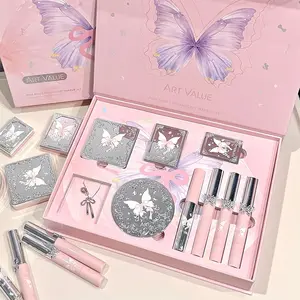 Beauty makeup set: eye shadow, powder blusher, highlighter, powder, mascara, velvet lip gloss - ideal gift choice