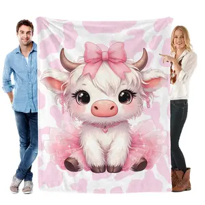 Cute Cartoon Cow Pattern Flannel Throw Blanket, Soft Warm Kids Blanket for Sofa Camping Travel Christmas Holiday Home Decor Gift for Children