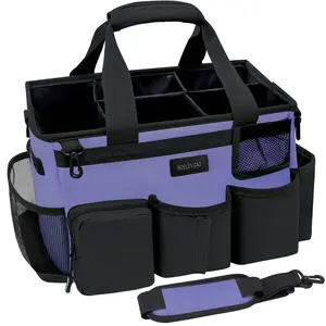 Purple wearable cleaning bag with handle and shoulder strap suitable for cleaning car cleaning tool storage bag with 5 foldable partitions