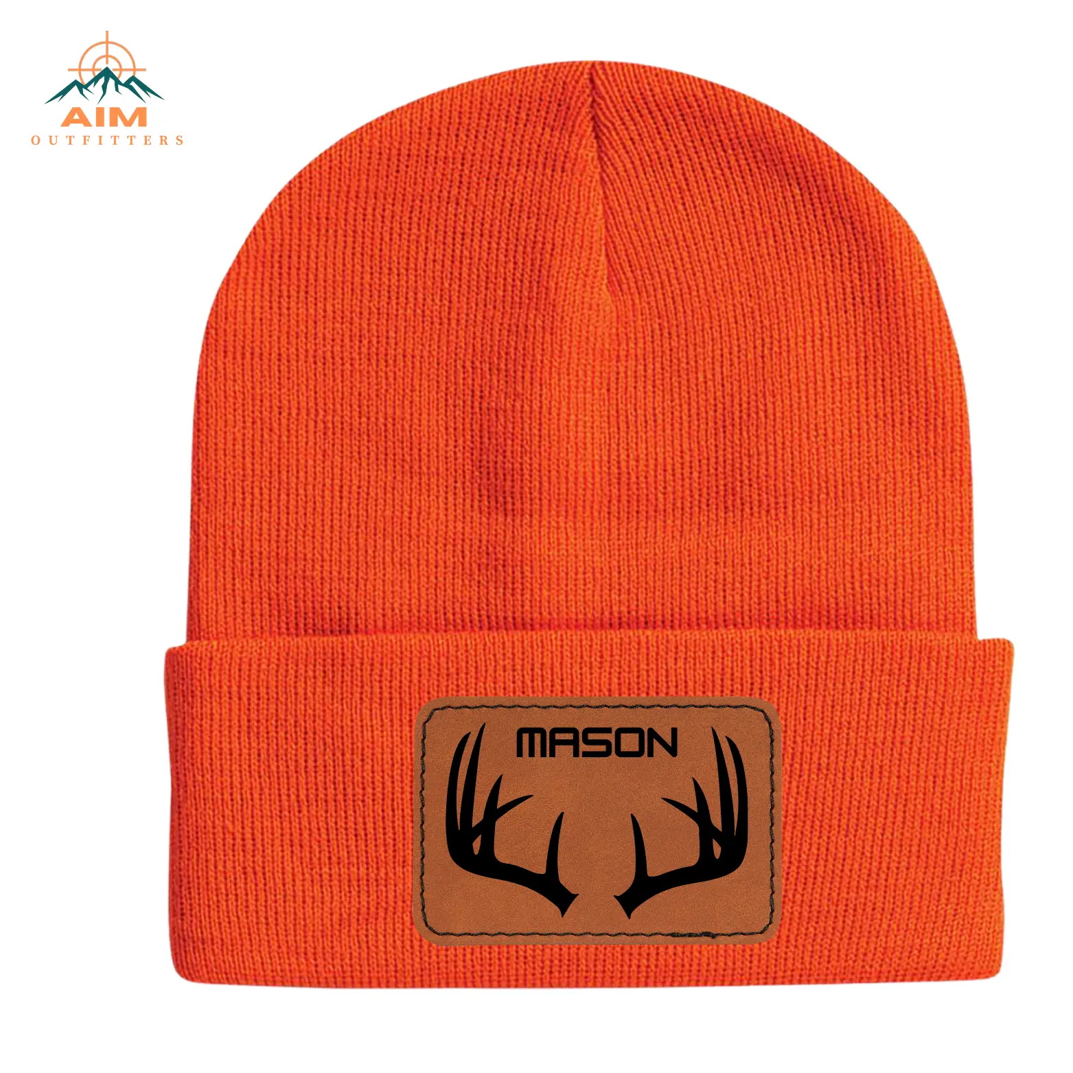 AIM Outfitters Blaze Orange Personalized Hunting Stocking Cap - 12" Acrylic Knit Beanie with Antler Patch & Custom Engraved Name - Unisex