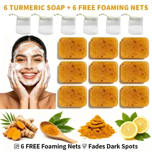 Turmeric Brightening Soap 6 Pack Bundle, Gentle Dark Spot Remover Handmade Bar Soap for Face & Body, Free Foaming Net Included, Suitable for Sensitive Skin