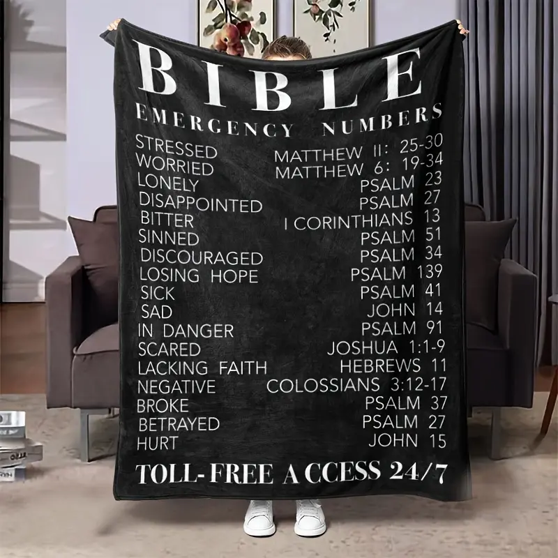 Emergency Bible Throw Blanket - Black Background with White Scripture Print - Soft Flannel Fiber - Quick-Drying Machine-Washable Polyester - Matthew 26:41, Corinthians 12:27 - All-Season for Sofa, Bed, Camping Use