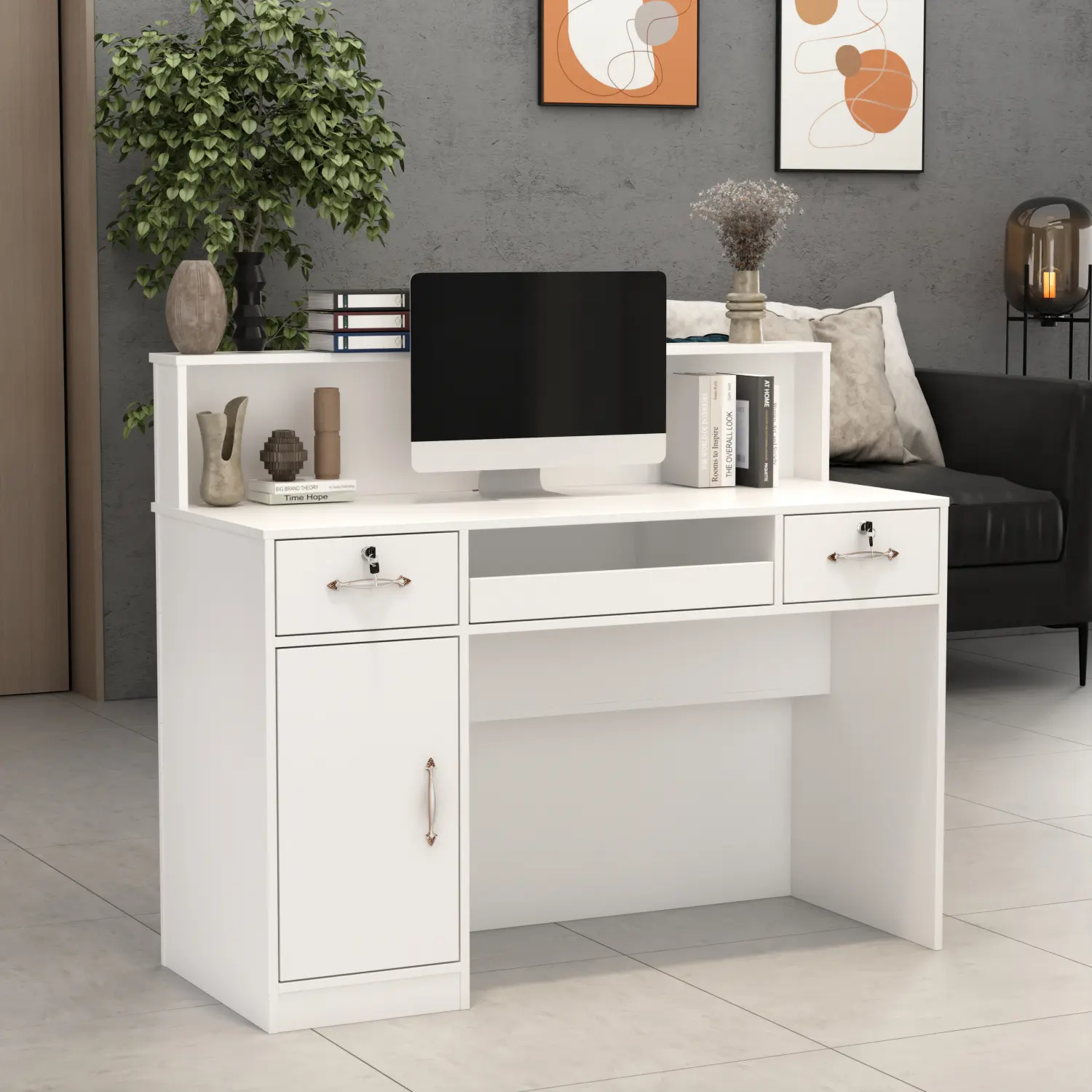 FUFU&GAGA Modern Commercial Office Furniture Reception Desk Table with Lockable Drawers, Lighted Display Cabinet & Storage Counter for Salon Checkout