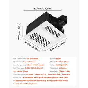 VEVOR Bathroom Exhaust Fan with Light and Heater, 80-90-110 CFM 1500W Bathroom Vent, 1.5 Sones Low-Noise, Premium DC Motor Ceiling Fan for Laundry Room, Storage Room, Home Ventilation, White