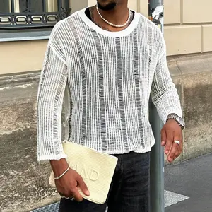 Men’s hollow mesh knit long-sleeve T-shirt, loose oversized fit, high-street hot-girl style, spring/summer layering essential .sweaters.men's wear flash sale