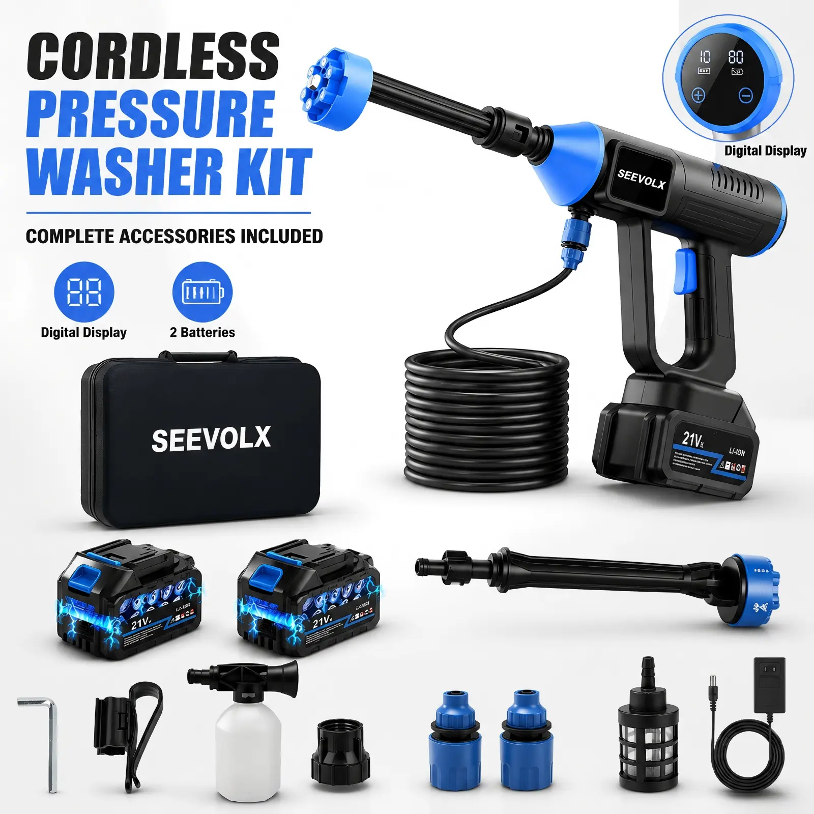 SEEVOLX Cordless Pressure Washer, 21V Portable Power Washer Gun  6-in-1 Nozzle, Foam Cannon, Touchscreen switch function,Tool Case, for Car, Home, Patio Cleaning