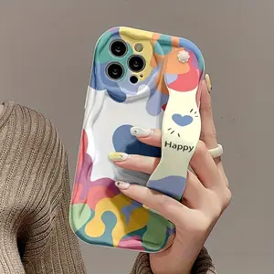 [LX]Colorful Blue Heart Phone Case With A Cream Textured Wrist Strap, Compatible With For Iphone 16 Pro Max, 15, 14 Plus, 13, 12 Protective Covers. Perfect For Christmas Gifts, New Year Gifts, Easter Gifts, Halloween Gifts, And For Friends And Family.