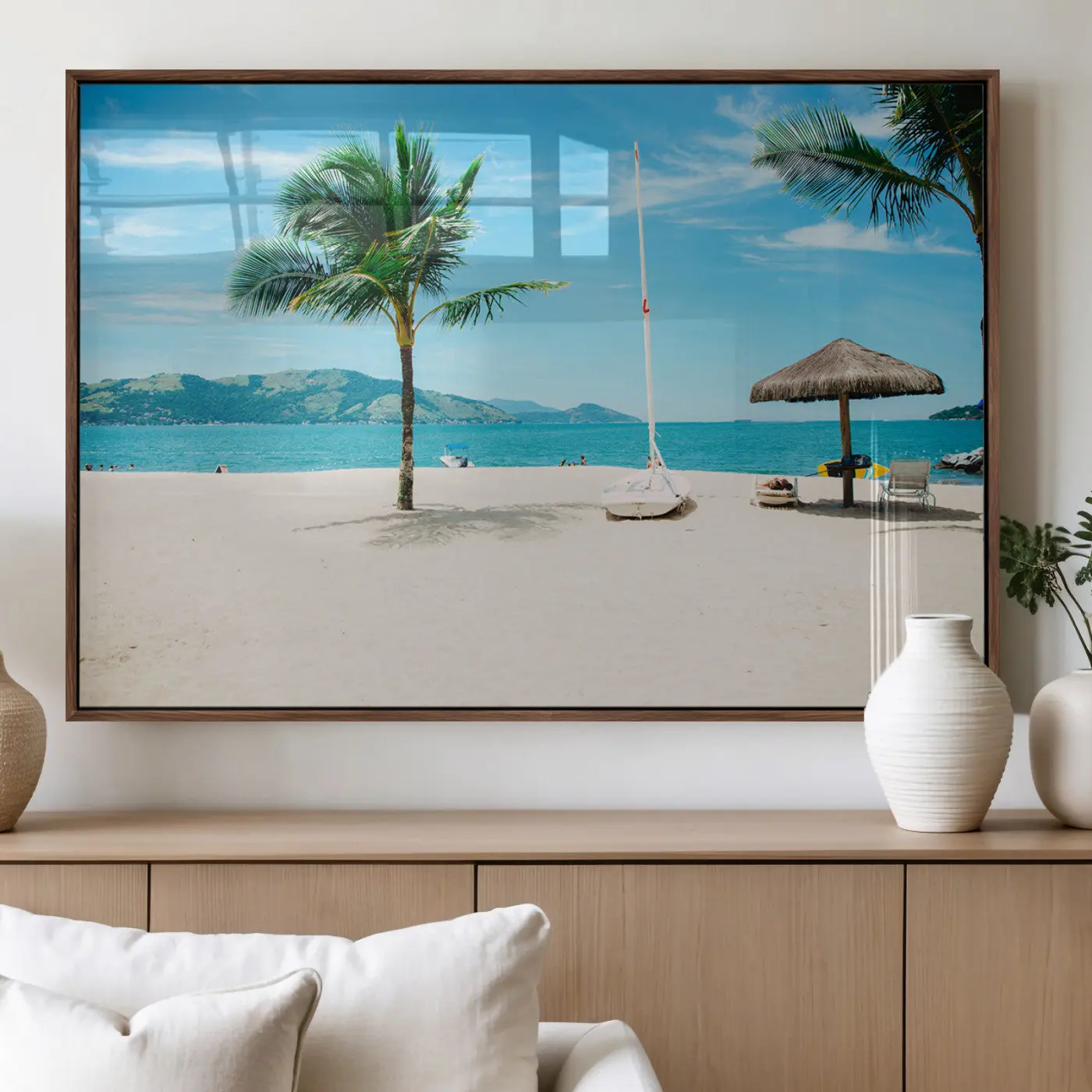 Tropical Beach Wall Art Canvas Print - Framed Palm Tree Landscape Art, Hand-Stretched Gallery-Wrapped or Floating Frame, Eco-Ink High-Definition Ocean View Decor for Living Room, Bedroom, Office, 1-5 Panels