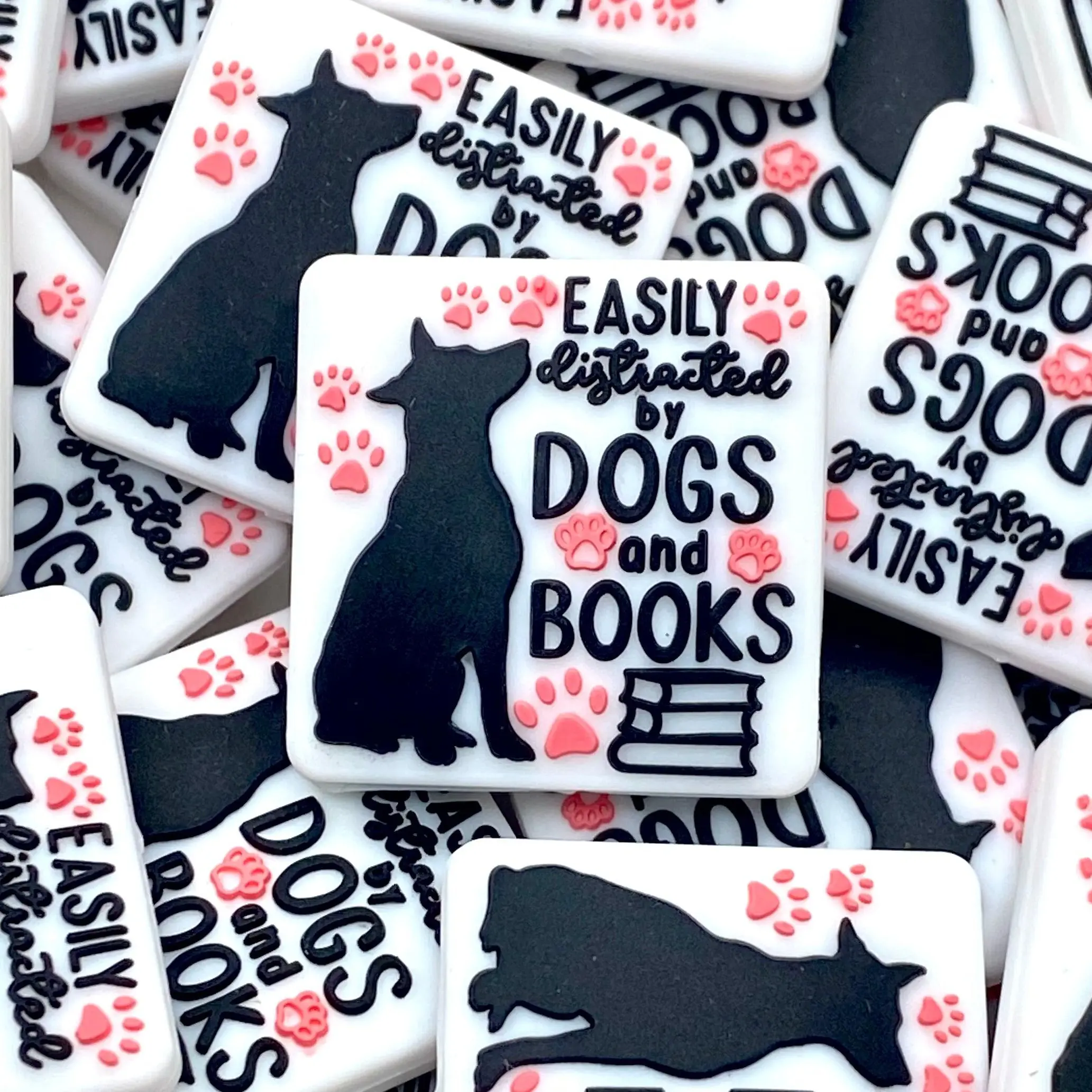 1pc Easily Distracted By Dogs & Books Silicone Focal Beads | Dog & Book Craft DIY Beaded