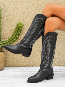 Women's Vintage Embroidered Western Boots, Flame Totem, Low Heel, Boot heels, High Calf, Durable PU Leather, All Seasons, Classic Street Style
