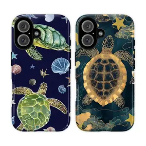 Navy Sea Turtle Phone Case for iPhone 17 16 15 14 13 12 11 Pro Max Plus, Coastal Ocean Shell Aesthetic Protective Cover, Cute Marine Life Beach Summer Case Gift for Her