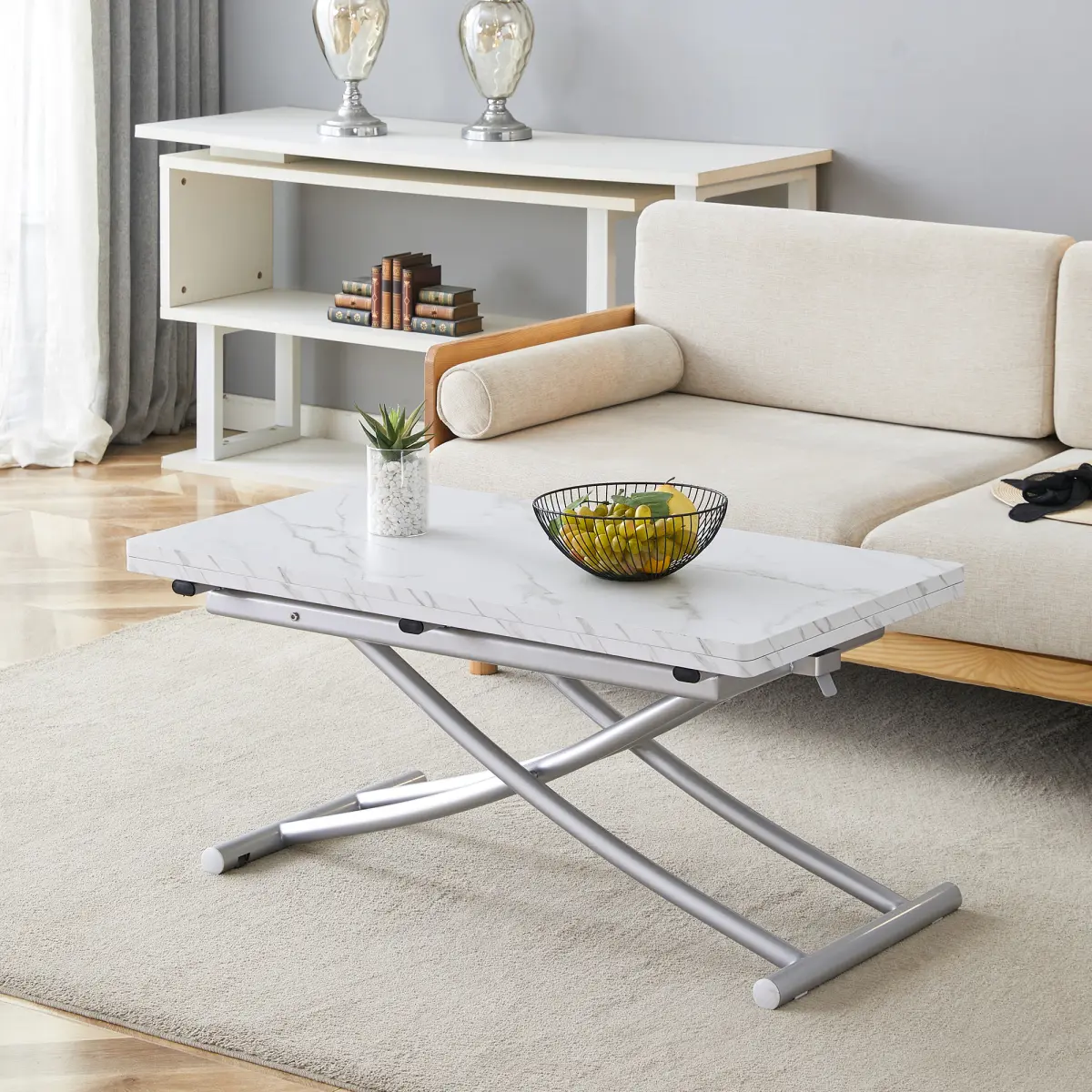 Modern minimalist multifunctional lift table with 0.8 inch thick MDF desktop and silver metal legs, can be used as a dressing table, coffee table, dining table, and office table.W1151126194    RR