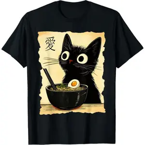 100% Cotton Funny Cat Ramen Graphic Tee Japanese Kawaii Anime Cat T-Shirt