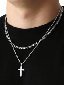 Men's Stainless Steel Necklace Set, Twisted Chain & Cross Pendant, Multi-Layer Cuban Style Design, Cuban Link Design, Fashion Jewelry Accessory, Durable Jewelry, Stainless Steel Choker, Stackable Clavicle Chain