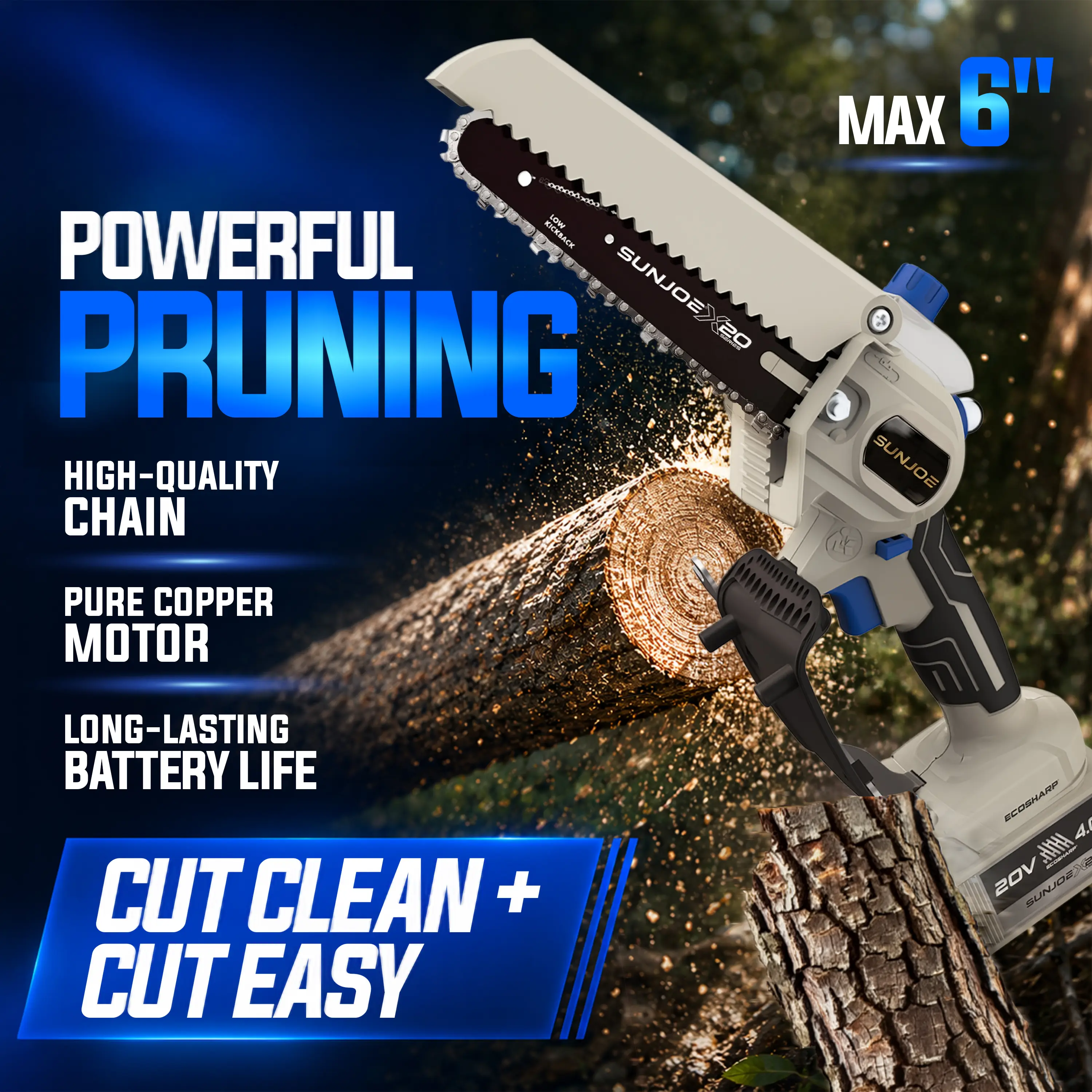 Sun Joe Mini Chainsaw 6-Inch Cordless -Lightweight One-Handed Electric Pruning Saw for Men & Women, Seniors, Gardening, Camping, Firewood - Replacement Chain + Charger + Oil + Gloves + Hardshell Case Included | Gift Idea