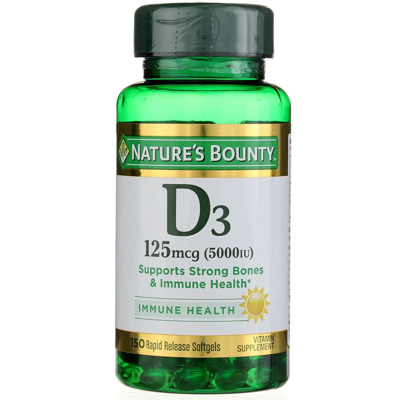Nature's Bounty High Potency Dietary Vitamins Softgels, Daily Supplement with 125 mcg-5000 IU Vitamin D3-Cholecalciferol, Soybean Oil, Prop 65 Safe Immune & Adult Bone Health Support, Active Ingredient: Vitamin D3 / Cholecalciferol 125 Mcg / 5000 Iu. Othe