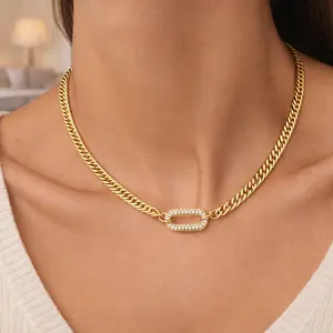 Cuban Link Chain Necklace with Sparkling Zircon Clasp 17 Inch Chunky Chain Necklace for Women, Elegant Timeless Jewelry Gift for Valentine’s Day