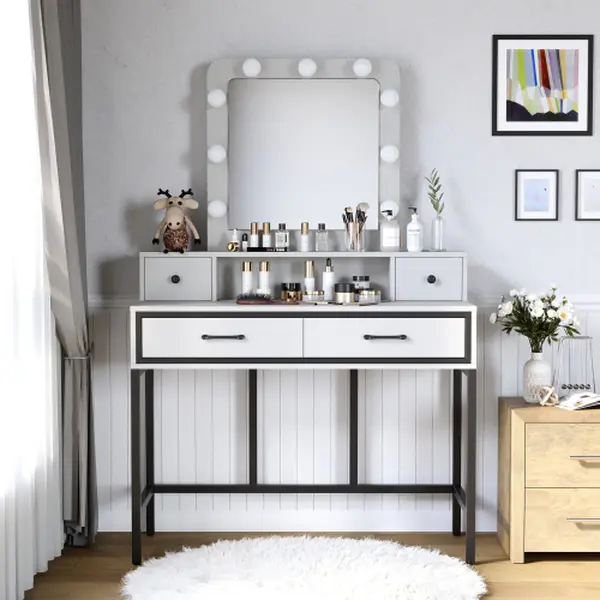Bellemave Women’s Sturdy Vanity Desk for Small Spaces (32.68x15.75x53.94 in, Black+MDF) - 3-Color Dimmable Hollywood Tempered Glass Mirror, 4-Drawer Illuminated Makeup Vanity for Storage (Assembly Required)