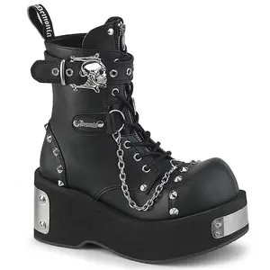 Dank-57 Women's Metal Plated Platform Lace-Up Ankle Boot with Eyeletted Skull Head Buckle Strap