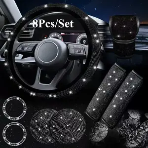 8 Pcs Bling Steering Wheel Accessories Set,Rhinestone Diamond Cover,Sparkly Seat Belt and Gear Shift Covers,Universal Fit for Most Cars
