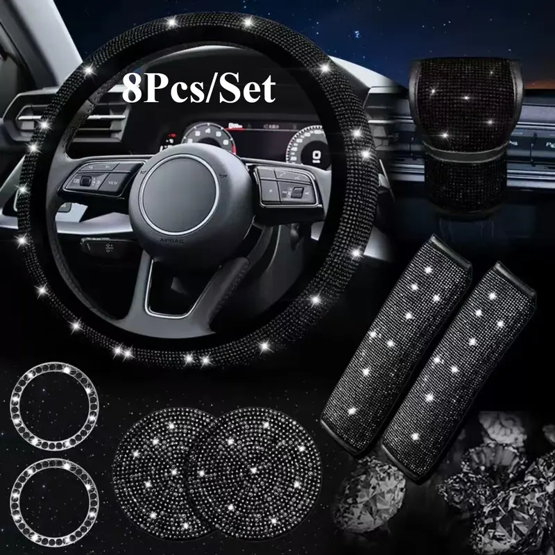 8 Pcs Bling Steering Wheel Accessories Set,Rhinestone Diamond Cover,Sparkly Seat Belt and Gear Shift Covers,Universal Fit for Most Cars