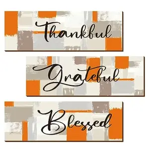 3-Piece Geetery Thankful Blessing Wall Decor Set, Living Room Decor, Wooden Hanging Decoration with Positive Quotes, Farmhouse Style Artificial Wood Art