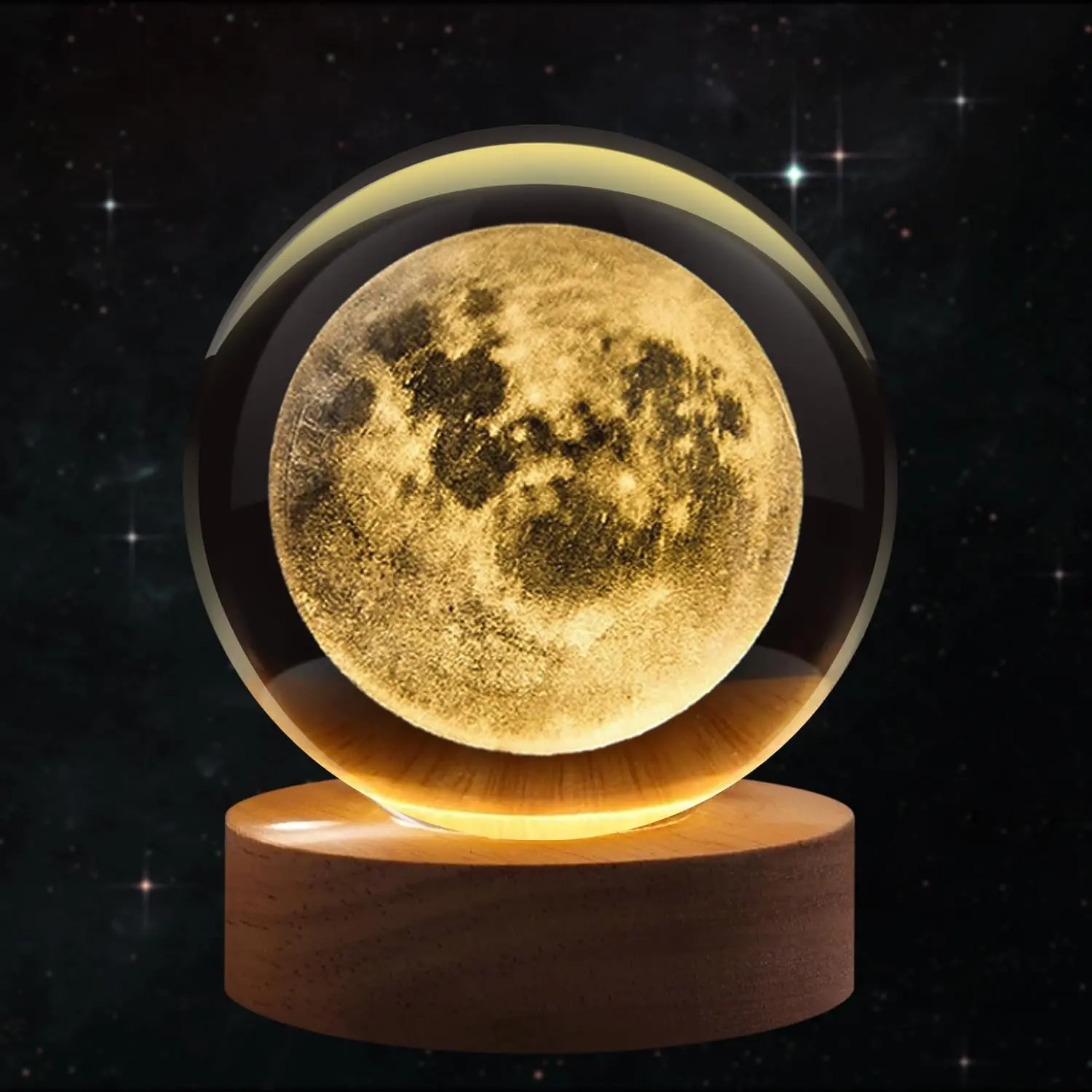 3D Moon  Ball Night Light - LED Light Hologram Glass Lamp with Solid  Base, USB   Ball Lamp with Adjustable Brightness for Home Decor Display , 2.4inch(60mm)