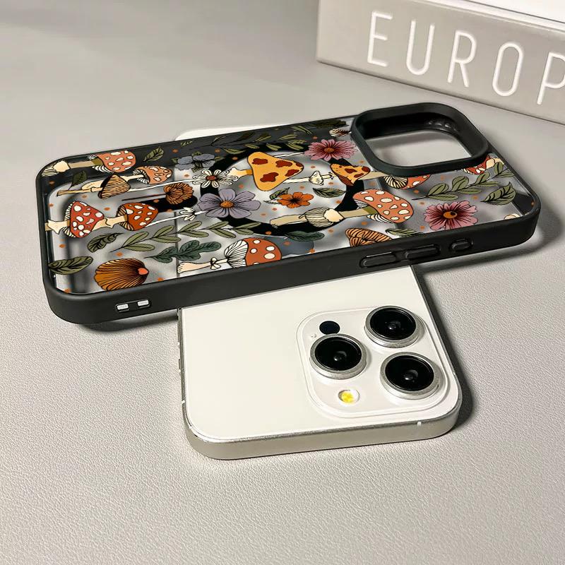 Mushroom & Wildflower Print Phone Case  Add A Touch Of Forest Charm & Playful Warmth To Your Daily Device Featuring Built-In Strong Magnet Ring Blending Smooth Macaron Texture With Secure Magsafe Compatibility For iPhone 17 16 15 14 13 12 11 X XS